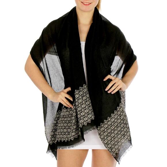 NWT Fashion Lightweight Semi Sheer Floral Embroidered Scarf Shawl Cover-Up - Picture 6 of 8